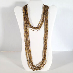 48" Long Brown Gold Seed Bead Necklace Boho Multistrand India Handmade  NEW